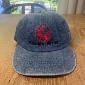 Vintage 80s/90s Savage Arms Native American Logo Denim Blue Jean Hat Cap Yupoong